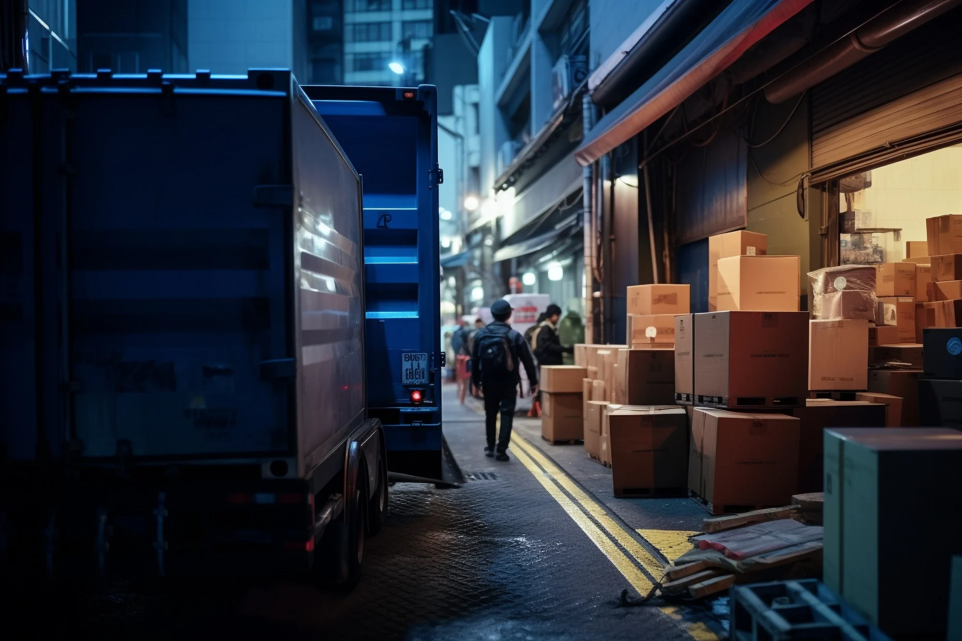 219730554_l Worker Loading Boxes into Delivery Truck in Back Alley